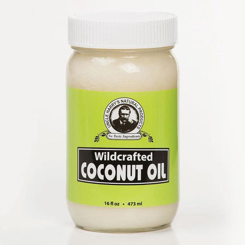 Handcrafted jar of wildcrafted coconut oil with bright green label and white screw lid, featured in Health & Wellness, Kitchen & Food, Health Remedies, Pantry, Gluten Free, USA Made, Best Sellers, and Promo Eligible collections.