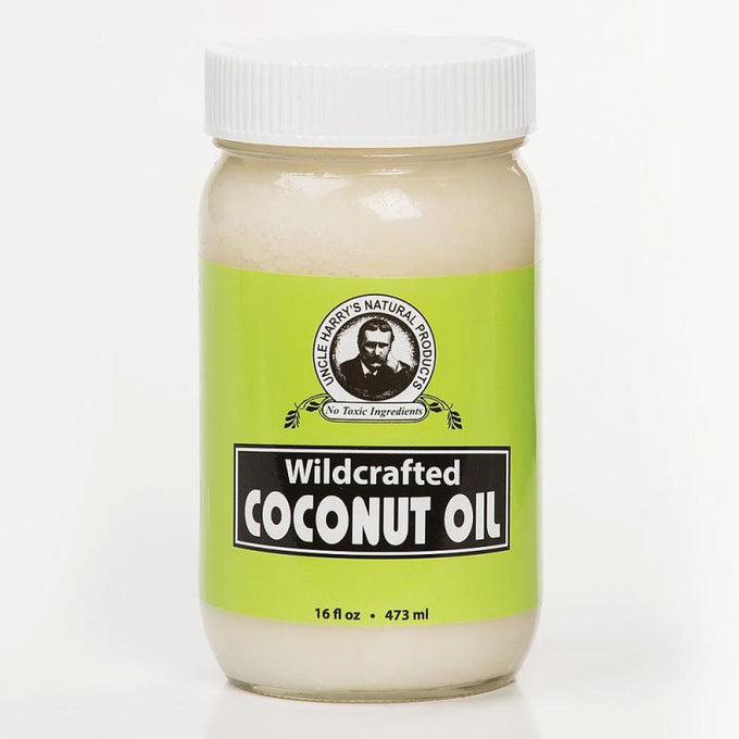 Handcrafted jar of wildcrafted coconut oil with bright green label and white screw lid, featured in Health & Wellness, Kitchen & Food, Health Remedies, Pantry, Gluten Free, USA Made, Best Sellers, and Promo Eligible collections.