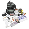 Discrete black and charcoal backpack displayed with emergency survival contents including food packs, water purification supplies, light and radio device, first aid kit, gloves, and essential tools for farm, garden, and emergency supply use.