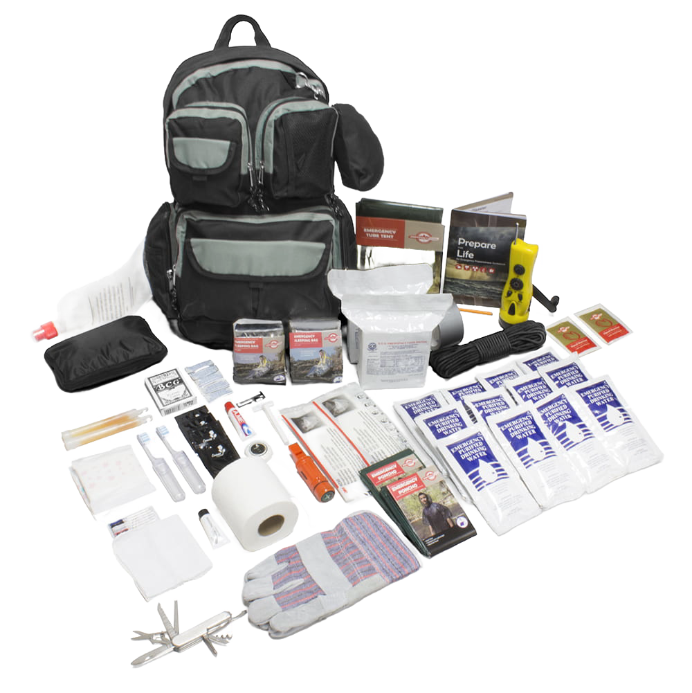 Discrete black and charcoal backpack displayed with emergency survival contents including food packs, water purification supplies, light and radio device, first aid kit, gloves, and essential tools for farm, garden, and emergency supply use.