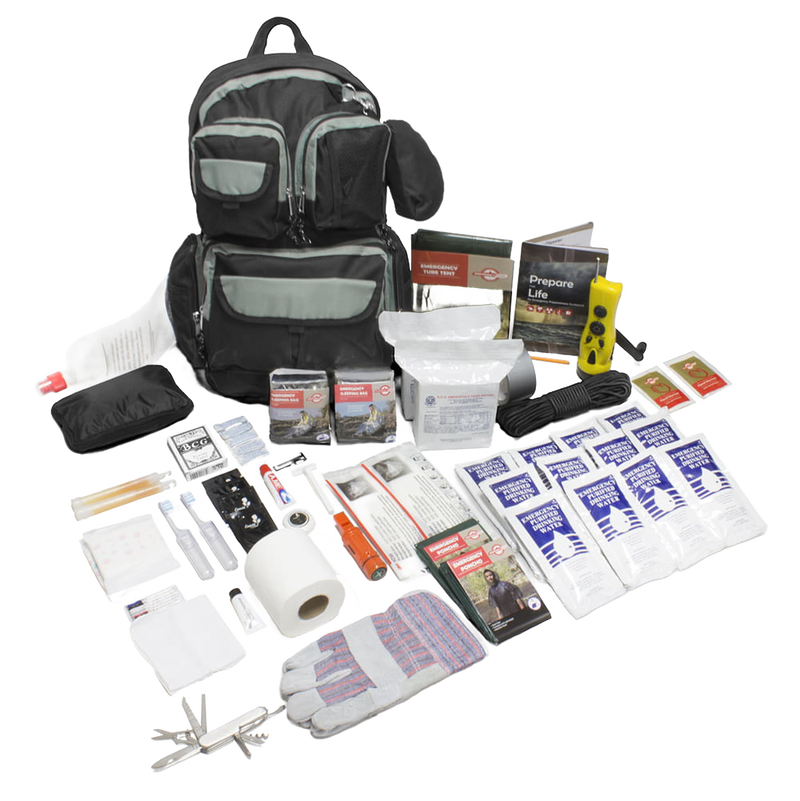 Discrete black and charcoal backpack displayed with emergency survival contents including food packs, water purification supplies, light and radio device, first aid kit, gloves, and essential tools for farm, garden, and emergency supply use.