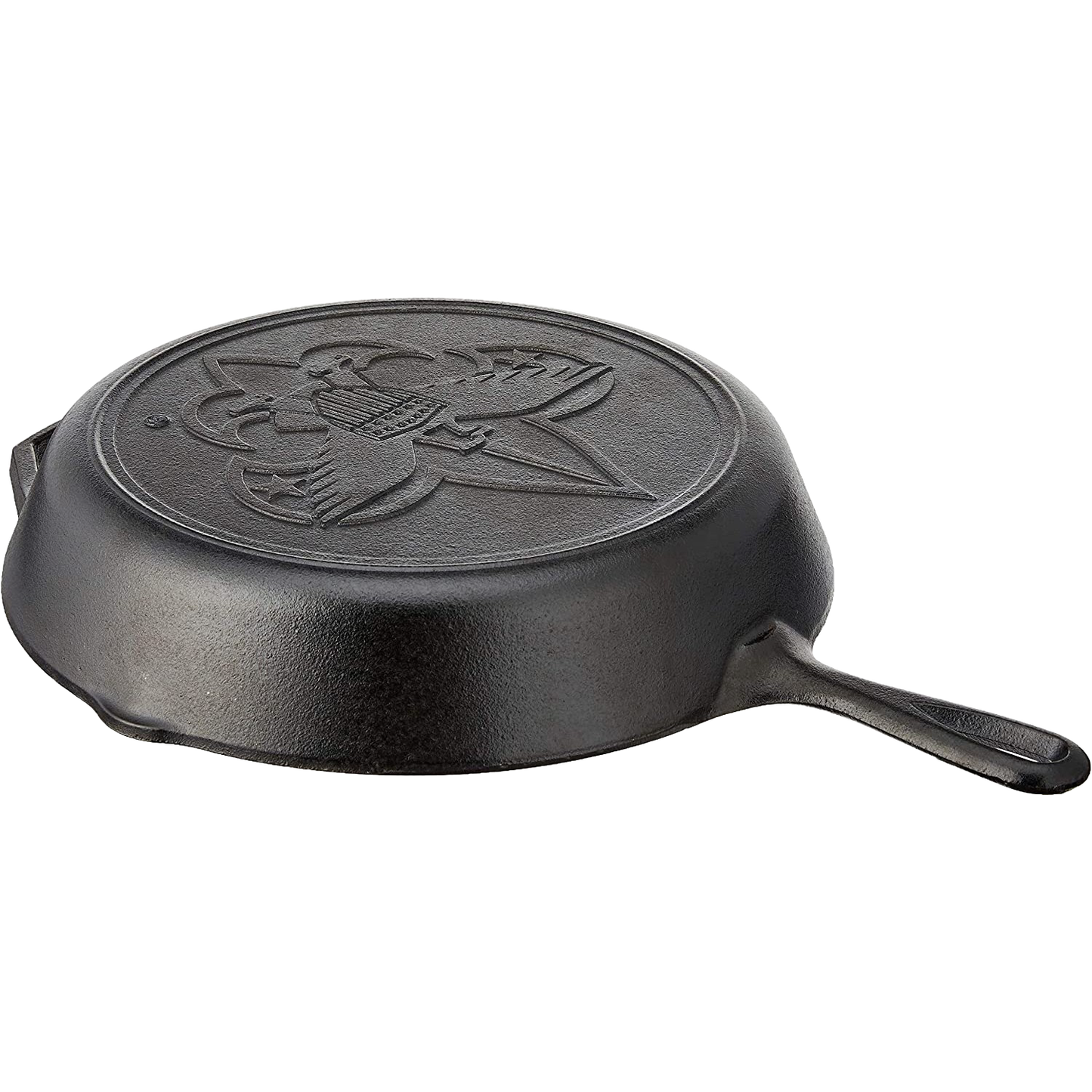 Black cast iron skillet with embossed Boy Scout emblem on the bottom, handcrafted in the USA, featured in Kitchen & Food, Cookware, Cast Iron, USA Made, and Best Sellers collections.
