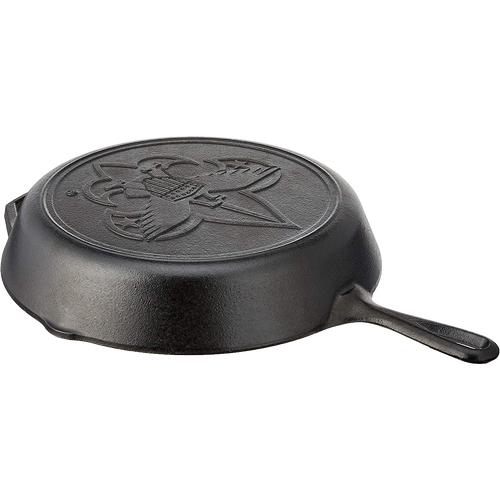 Black cast iron skillet with embossed Boy Scout emblem on the bottom, handcrafted in the USA, featured in Kitchen & Food, Cookware, Cast Iron, USA Made, and Best Sellers collections.
