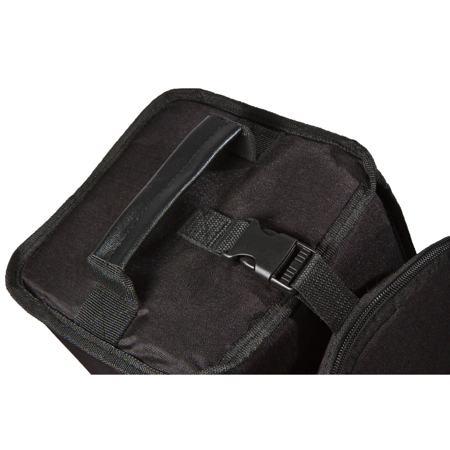 Close-up of a black ripstop fiber transport bag with padded interior, handle, and adjustable buckle strap for stable, secure storage, ideal for camping and outdoor use.