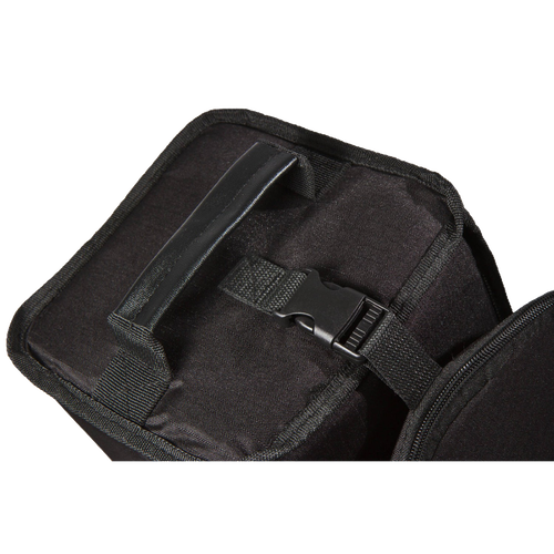 Close-up of a black ripstop fiber transport bag with padded interior, handle, and adjustable buckle strap for stable, secure storage, ideal for camping and outdoor use.