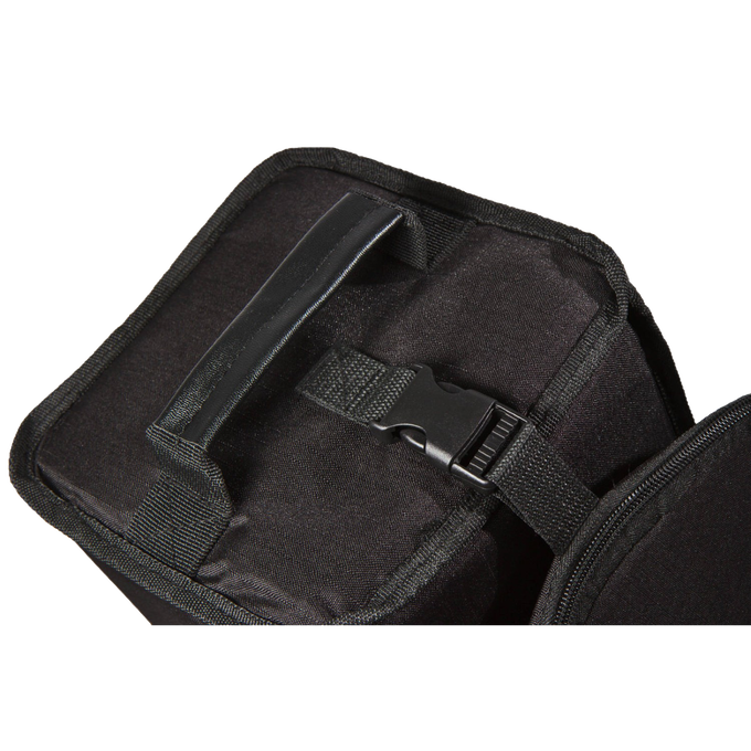 Close-up of a black ripstop fiber transport bag with padded interior, handle, and adjustable buckle strap for stable, secure storage, ideal for camping and outdoor use.