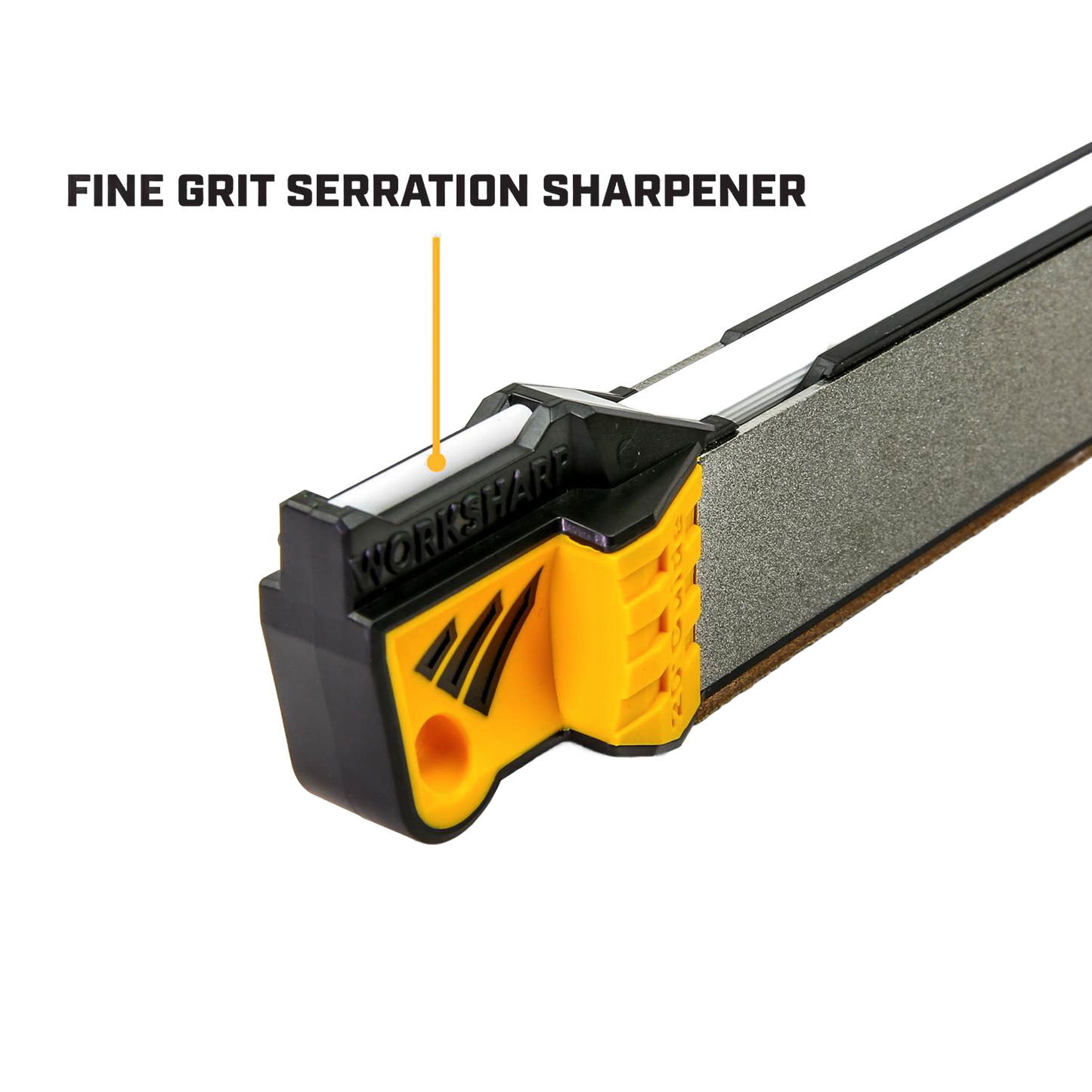 Close-up of a black and yellow handheld knife sharpener with a fine grit serration sharpening slot, designed for farm, garden, knives, and sharpening tool collections.