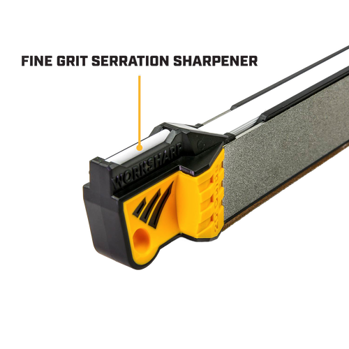 Close-up of a black and yellow handheld knife sharpener with a fine grit serration sharpening slot, designed for farm, garden, knives, and sharpening tool collections.