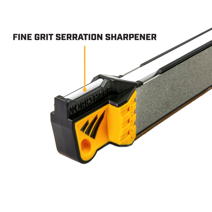 Close-up of a black and yellow handheld knife sharpener with a fine grit serration sharpening slot, designed for farm, garden, knives, and sharpening tool collections.