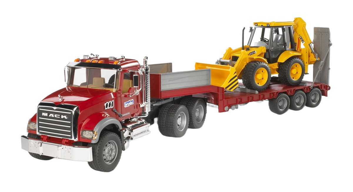 Bruder Toys MACK Granite Truck with Lowboy Trailer & JCB 4CX Backhoe Loader