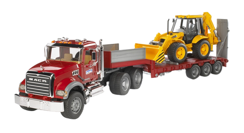 Bruder Toys MACK Granite Truck with Lowboy Trailer & JCB 4CX Backhoe Loader