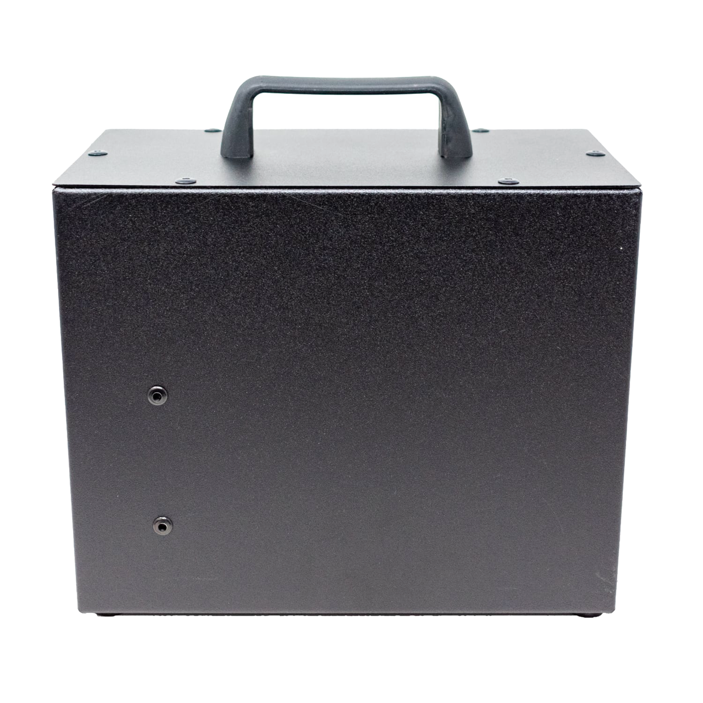 Compact black metal power inverter with a sturdy top handle, designed for reliable portable energy conversion in farm, garden, and emergency supply use.
