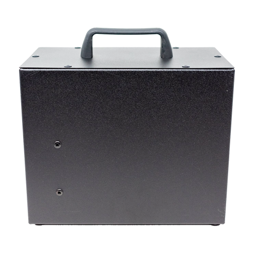Compact black metal power inverter with a sturdy top handle, designed for reliable portable energy conversion in farm, garden, and emergency supply use.