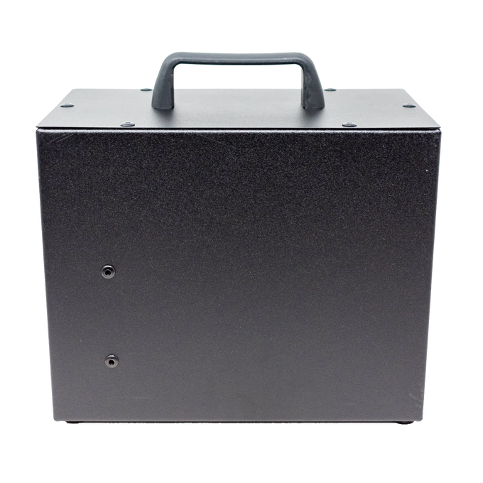 Compact black metal power inverter with a sturdy top handle, designed for reliable portable energy conversion in farm, garden, and emergency supply use.