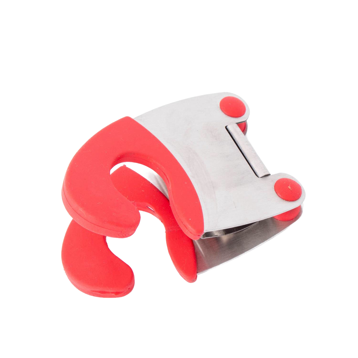 Compact stainless steel clip with red silicone grips designed to securely hold a pot clip spoon holder, perfect for Kitchen & Food and Kitchen Gadgets collections.