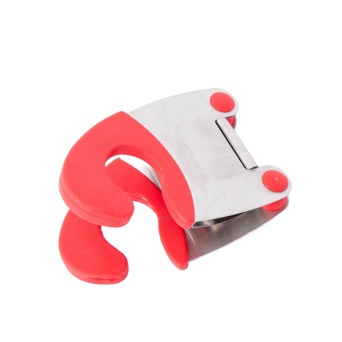 Compact stainless steel clip with red silicone grips designed to securely hold a pot clip spoon holder, perfect for Kitchen & Food and Kitchen Gadgets collections.