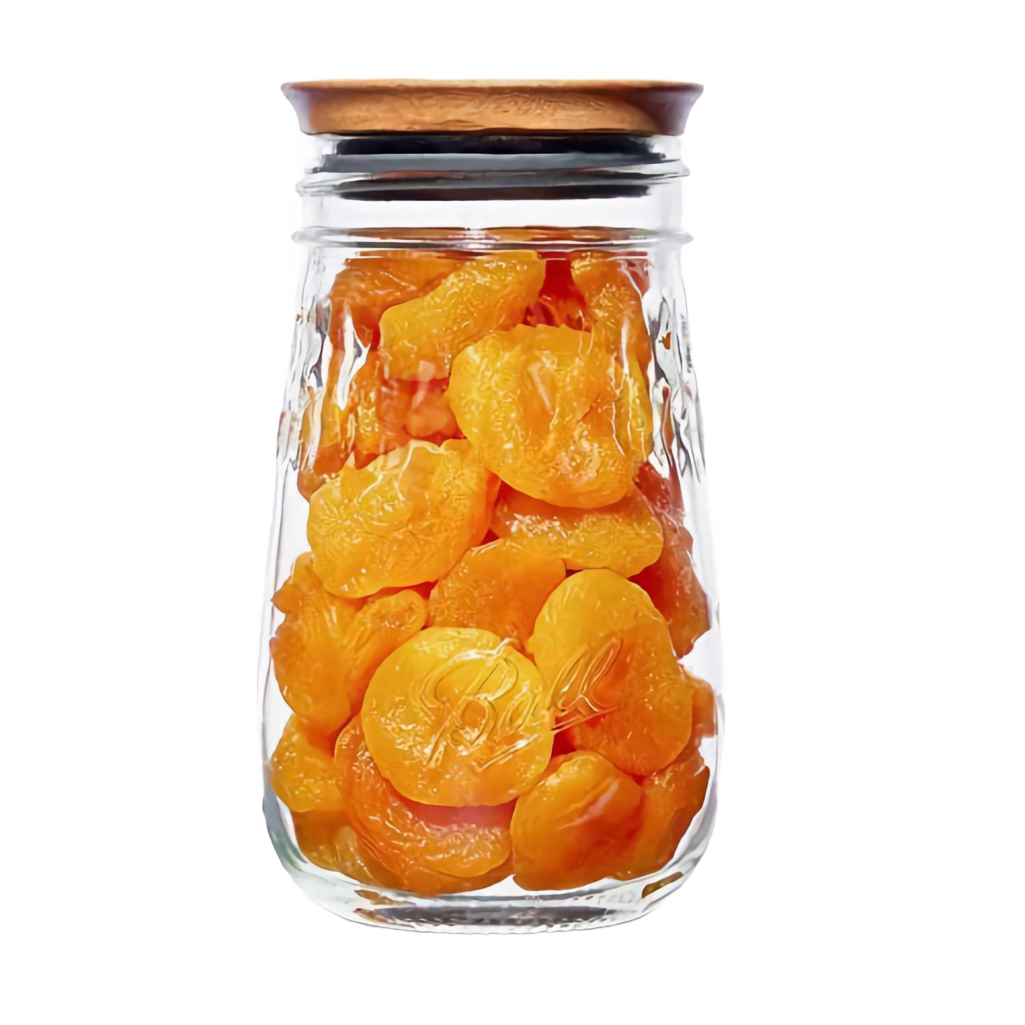 Glass jar filled with dried apricots sealed with a handcrafted acacia wood lid featuring an airtight rubber seal, ideal for Kitchen & Food and Storage collections.