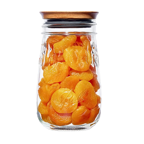 Glass jar filled with dried apricots sealed with a handcrafted acacia wood lid featuring an airtight rubber seal, ideal for Kitchen & Food and Storage collections.