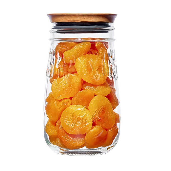 Glass jar filled with dried apricots sealed with a handcrafted acacia wood lid featuring an airtight rubber seal, ideal for Kitchen & Food and Storage collections.
