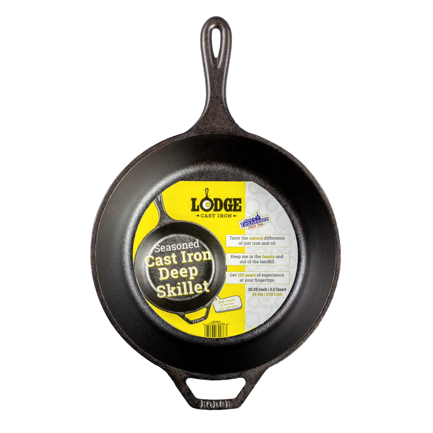 Top view of a seasoned cast iron deep skillet with assist handle, designed for versatile cooking on stove, oven, grill, or campfire, featured in Farm, Garden & Tool, Kitchen & Food, Camping, Cookware, Cast Iron, Best Sellers, and Promo Eligible collections.