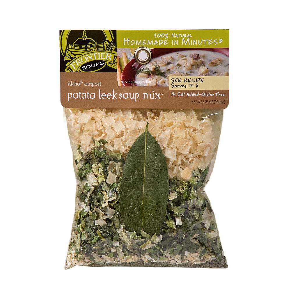 Clear bag of handcrafted gluten-free potato leek soup mix featuring natural dried vegetables and a whole bay leaf; part of Kitchen & Food, Pantry, Dry Goods and Mixes, Soups, Best Sellers, and Promo Eligible collections.