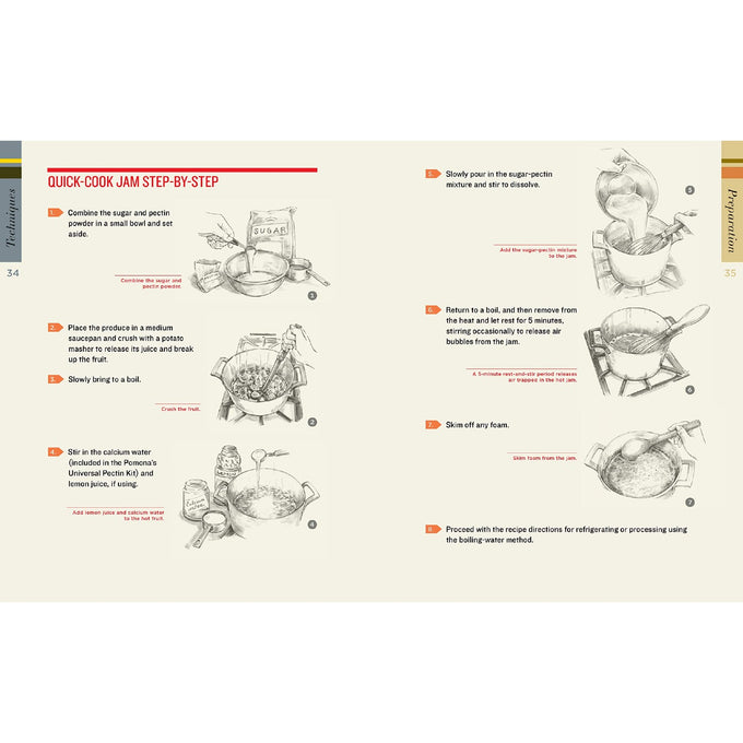 Open cookbook spread showing step-by-step black and white illustrations for a quick-cook jam recipe, part of a handcrafted collection in Toys, Books & Games, Books, Canning and Preserving Books, Best Sellers, and Promo Eligible selections.