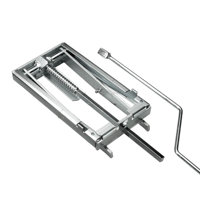 Adjustable metal grate accessory with spring mechanism and crank handle, designed for modifying firebox height in wood stoves, featured for Stoves, Cookstoves, Hearth Accessories collections.