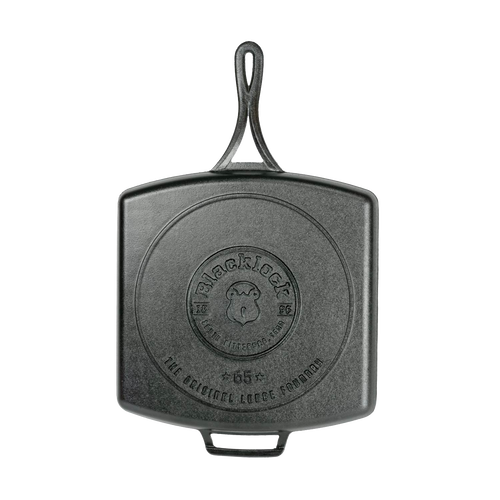 Square cast iron grill pan with a slim handle and embossed Blacklock logo, featuring a triple-seasoned surface for durable, nonstick cooking, made in USA, ideal for Kitchen & Food and Cookware collections.