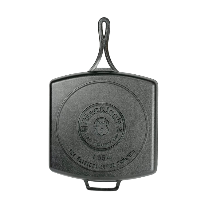 Square cast iron grill pan with a slim handle and embossed Blacklock logo, featuring a triple-seasoned surface for durable, nonstick cooking, made in USA, ideal for Kitchen & Food and Cookware collections.