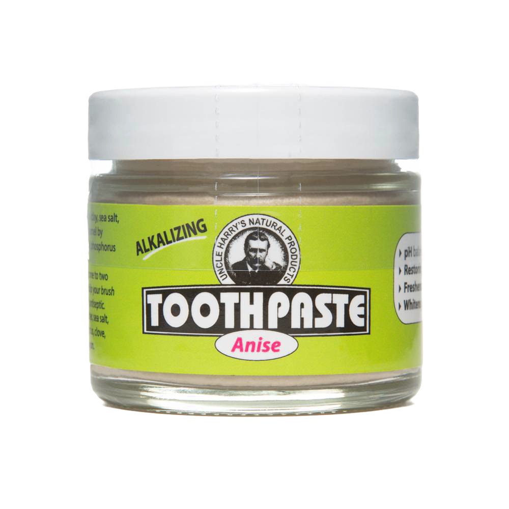 Handcrafted small glass jar of all-natural alkalizing toothpaste in anise flavor with a white lid and bright green label, featured in Health & Wellness, Grooming and Personal Hygiene, USA Made, and Best Sellers collections.