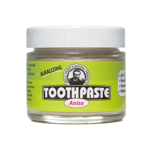 Handcrafted small glass jar of all-natural alkalizing toothpaste in anise flavor with a white lid and bright green label, featured in Health & Wellness, Grooming and Personal Hygiene, USA Made, and Best Sellers collections.