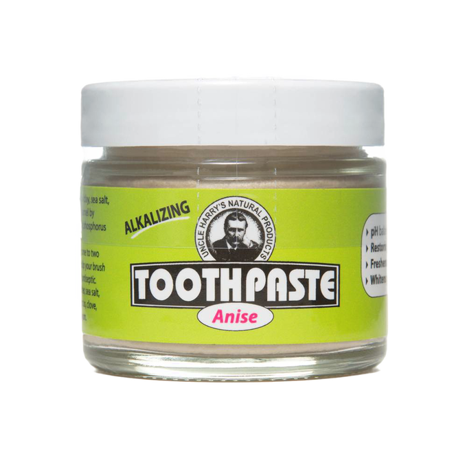 Handcrafted small glass jar of all-natural alkalizing toothpaste in anise flavor with a white lid and bright green label, featured in Health & Wellness, Grooming and Personal Hygiene, USA Made, and Best Sellers collections.