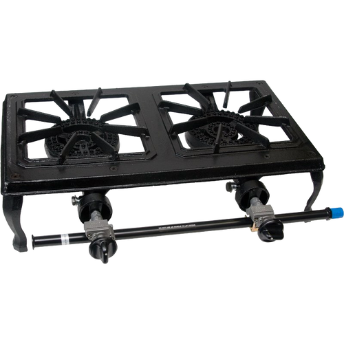 Two-burner sturdy cast iron LP cooker with separate control knobs and durable burner grates, designed for reliable outdoor cooking in farm, garden, camping, and cookware collections.
