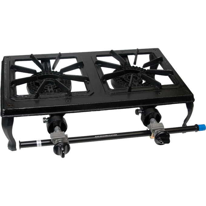 Two-burner sturdy cast iron LP cooker with separate control knobs and durable burner grates, designed for reliable outdoor cooking in farm, garden, camping, and cookware collections.