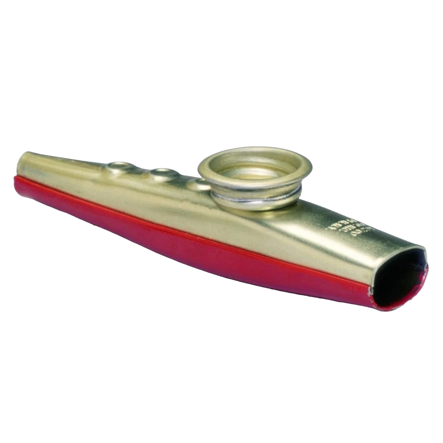 Handcrafted metal kazoo with a smooth finish and red accents, designed for indoor play and music makers ages 10 and up, made in USA, ideal for toys and games collections.