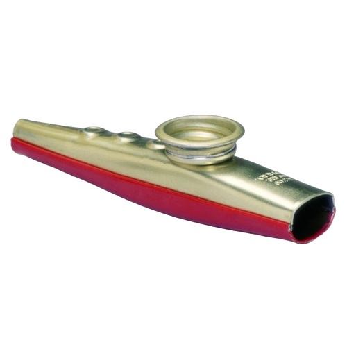 Handcrafted metal kazoo with a smooth finish and red accents, designed for indoor play and music makers ages 10 and up, made in USA, ideal for toys and games collections.