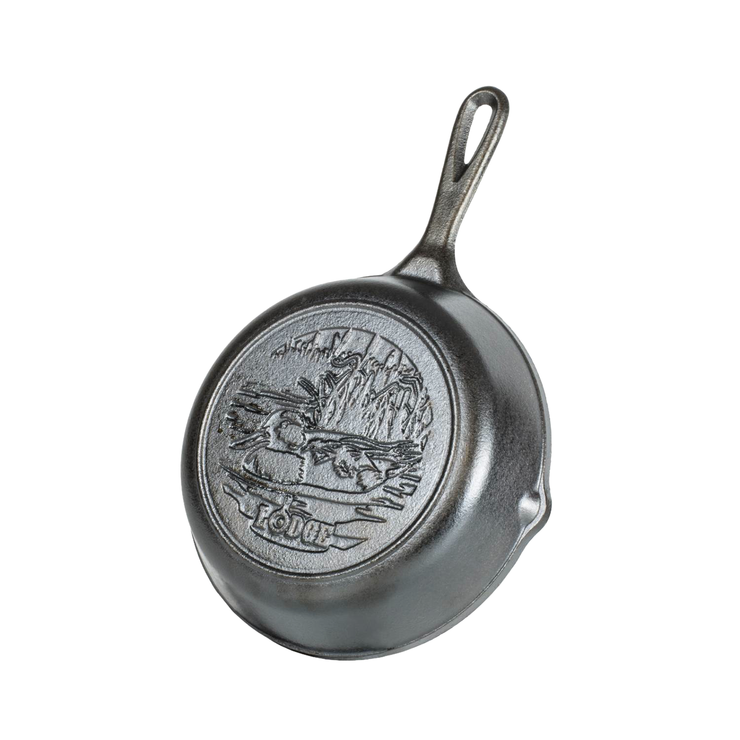 Bottom view of a handcrafted cast iron skillet featuring a detailed Mallard duck design, highlighting durable USA made cookware ideal for Kitchen & Food, Cast Iron, and Best Sellers collections.