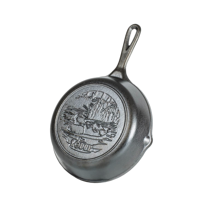 Bottom view of a handcrafted cast iron skillet featuring a detailed Mallard duck design, highlighting durable USA made cookware ideal for Kitchen & Food, Cast Iron, and Best Sellers collections.