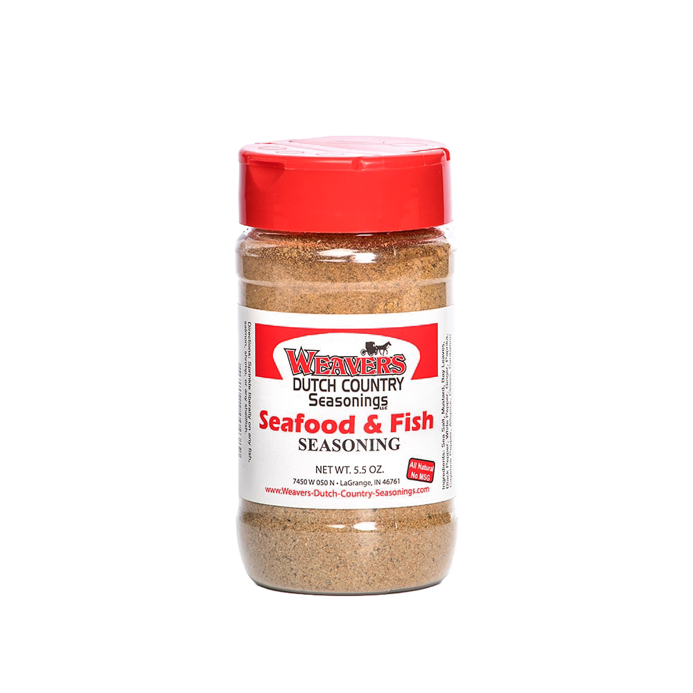 Clear plastic shaker bottle with seasoned seafood and fish spice blend, red cap, perfect for adding bold flavor to meats and casseroles, featured in Kitchen & Food, Pantry, USA Made, Best Sellers, and Promo Eligible collections.