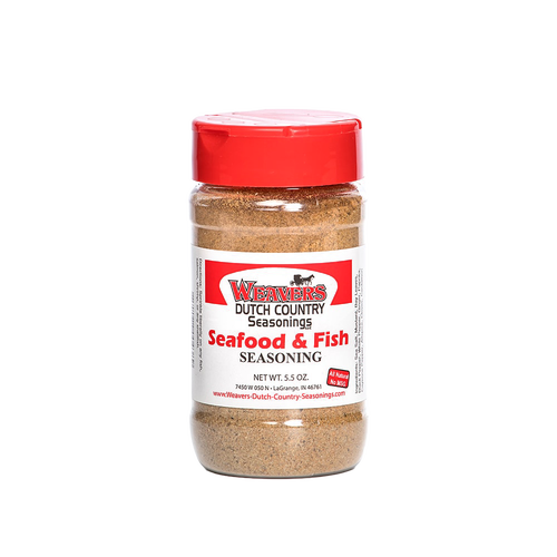 Clear plastic shaker bottle with seasoned seafood and fish spice blend, red cap, perfect for adding bold flavor to meats and casseroles, featured in Kitchen & Food, Pantry, USA Made, Best Sellers, and Promo Eligible collections.