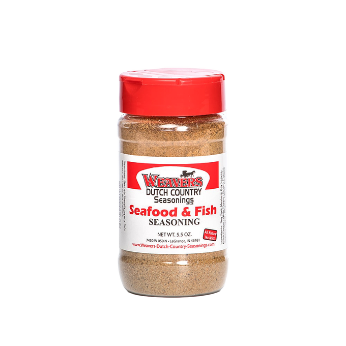 Clear plastic shaker bottle with seasoned seafood and fish spice blend, red cap, perfect for adding bold flavor to meats and casseroles, featured in Kitchen & Food, Pantry, USA Made, Best Sellers, and Promo Eligible collections.