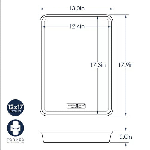 Diagram of a 12x17 inch high-sided aluminum baking pan with measurements showing 13 inches width, 17.9 inches length, 2 inches depth, made in USA, ideal for Kitchen & Food, Cookware, and Baking Supplies collections.