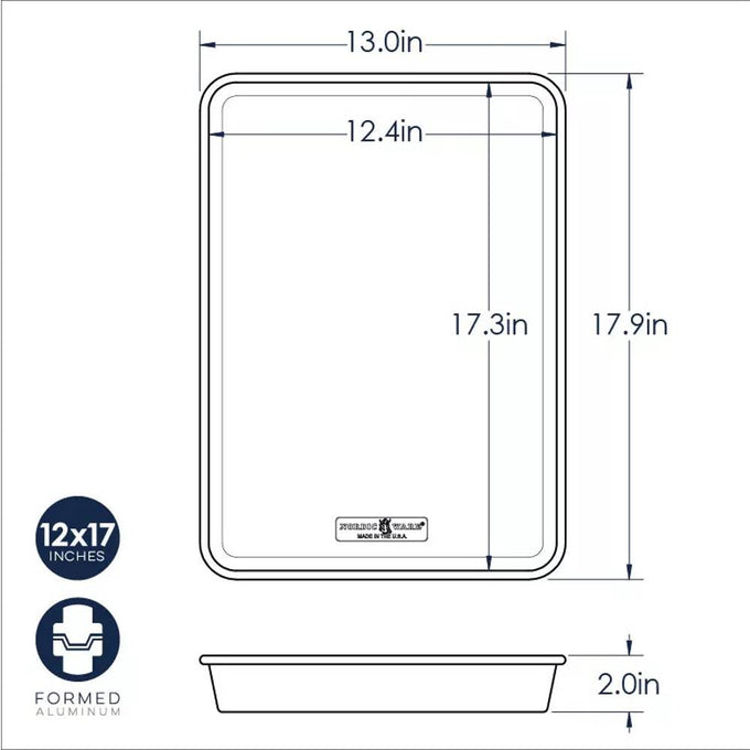 Diagram of a 12x17 inch high-sided aluminum baking pan with measurements showing 13 inches width, 17.9 inches length, 2 inches depth, made in USA, ideal for Kitchen & Food, Cookware, and Baking Supplies collections.