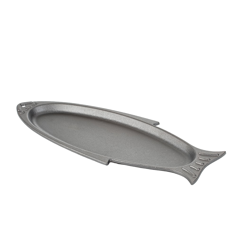 Handcrafted cast iron fish grill pan shaped like a fish, designed for searing whole small fish or filets, ideal for Kitchen & Food, Cast Iron, Grilling, and Best Sellers collections.