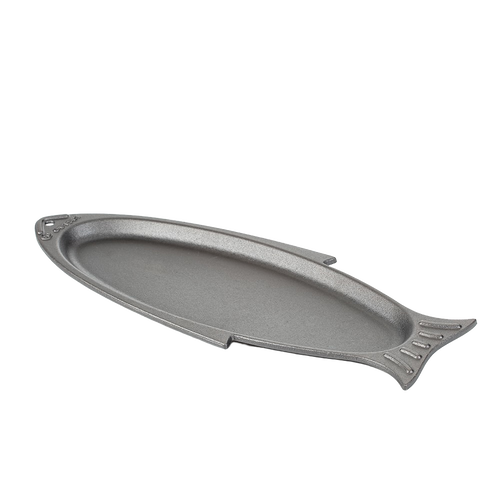 Handcrafted cast iron fish grill pan shaped like a fish, designed for searing whole small fish or filets, ideal for Kitchen & Food, Cast Iron, Grilling, and Best Sellers collections.