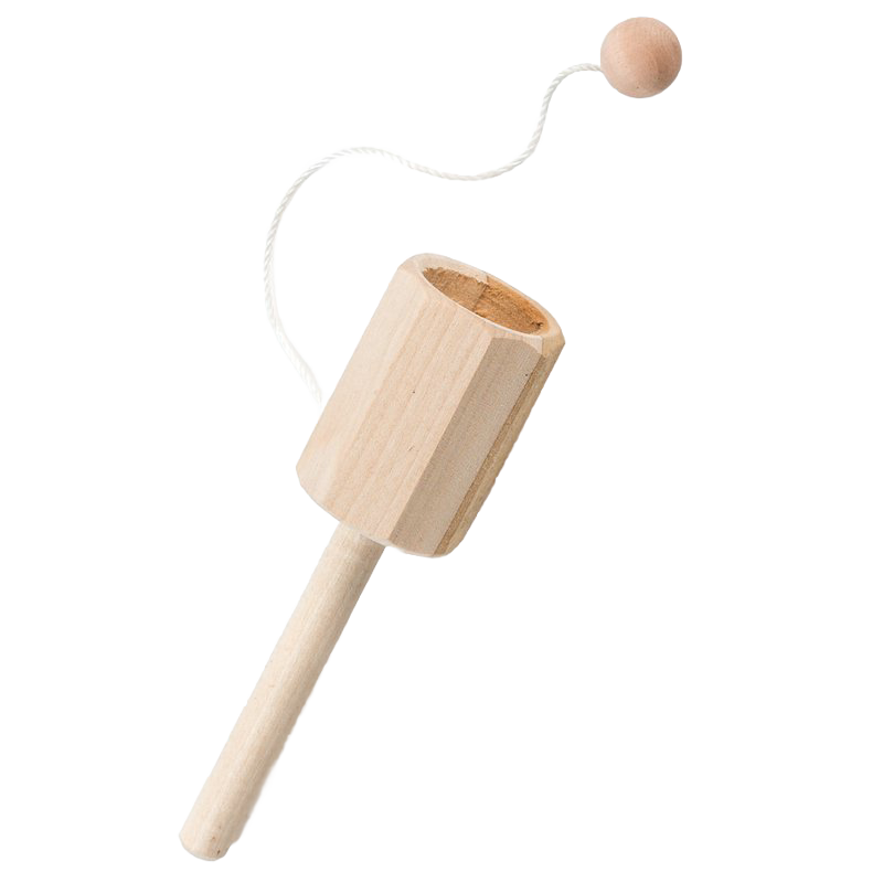 Handcrafted wooden ball and cup game with natural finish, designed for indoor play and puzzles, made in USA, featured in children's toys and best sellers collections.