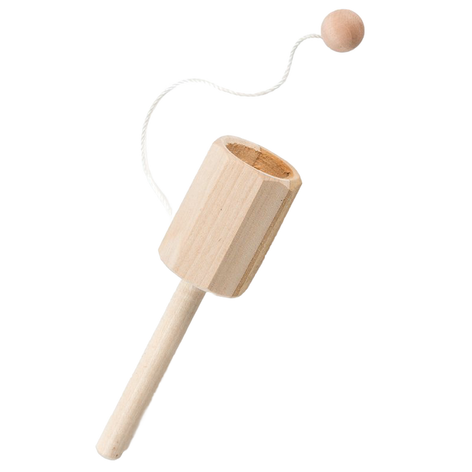 Handcrafted wooden ball and cup game with natural finish, designed for indoor play and puzzles, made in USA, featured in children's toys and best sellers collections.