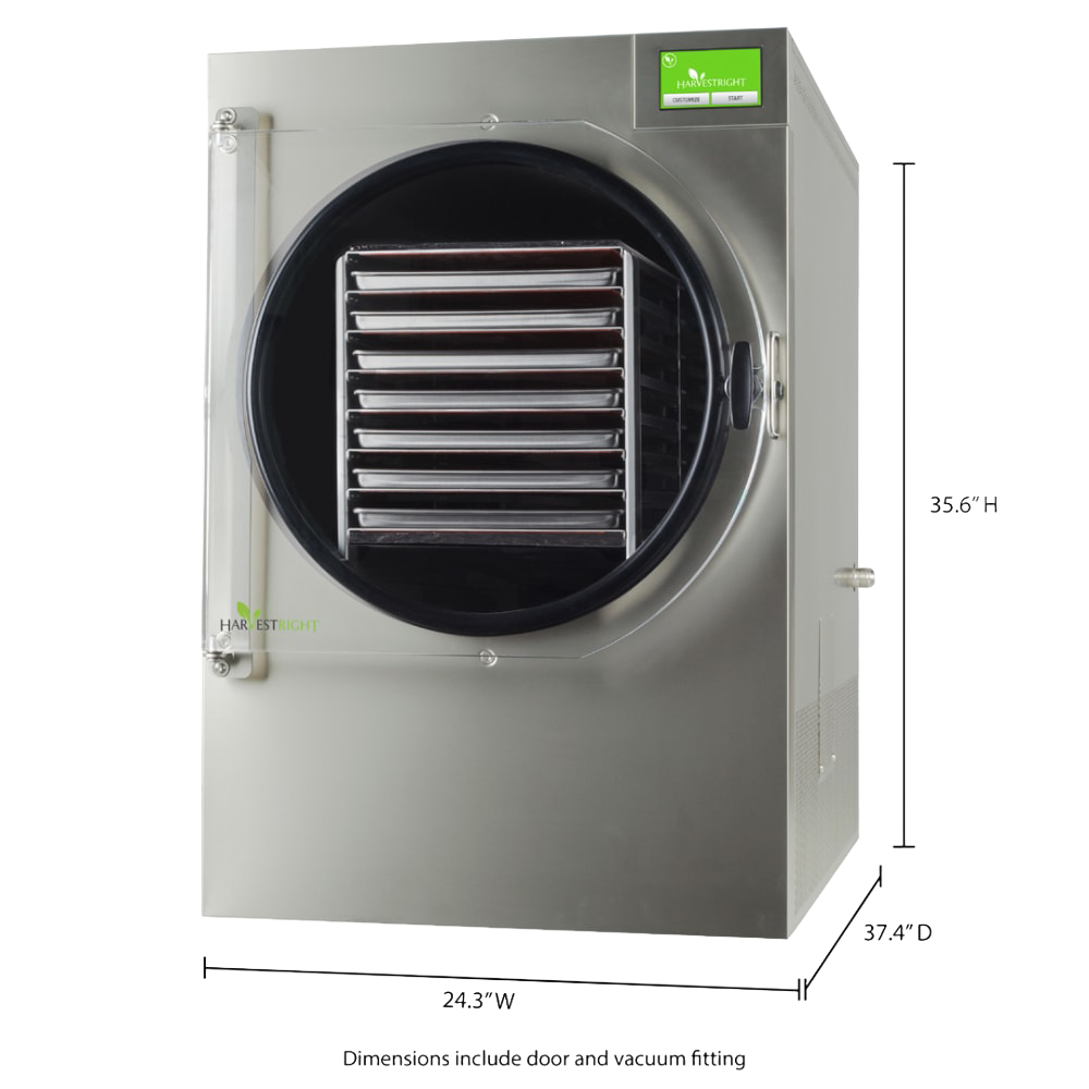 Stainless steel freeze dryer with large round clear door revealing multiple drying trays inside, featuring a bright green touch screen, ideal for Kitchen & Food, Food Preservation, Freezing, Drying, and Best Sellers collections.