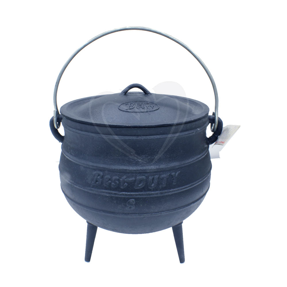 Unique handcrafted cast iron campfire kettle with a rounded body, fitted lid, three sturdy legs, and a wire bail handle, designed for outdoor use in Farm, Garden & Tool, Camping, Best Sellers, and Promo Eligible collections.
