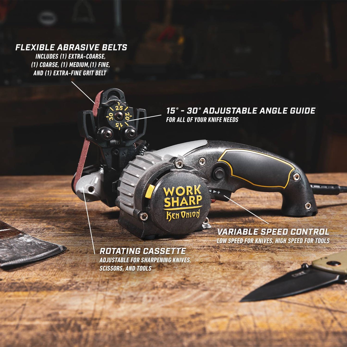 Work Sharp Knife and Tool Sharpener with ergonomic black and yellow handle, flexible abrasive belts, adjustable angle guide, rotating cassette, and variable speed control, ideal for Kitchen & Food, Food Prep, Knives, Sharpeners and Cutting Boards, and Best Sellers collections.